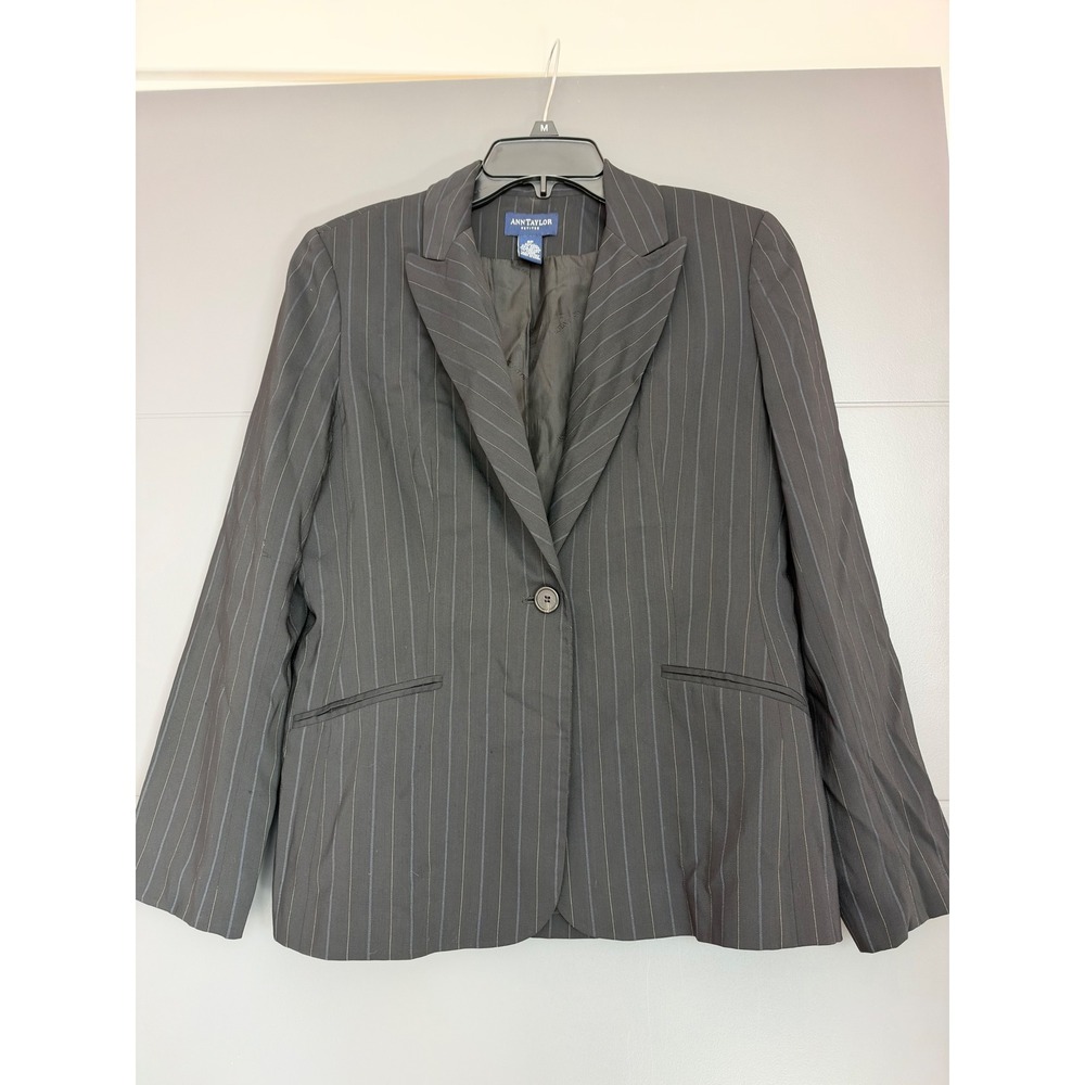 Ann Taylor Petites Black Pinstripe Wool Blend Single Button Blazer Jacket 8P